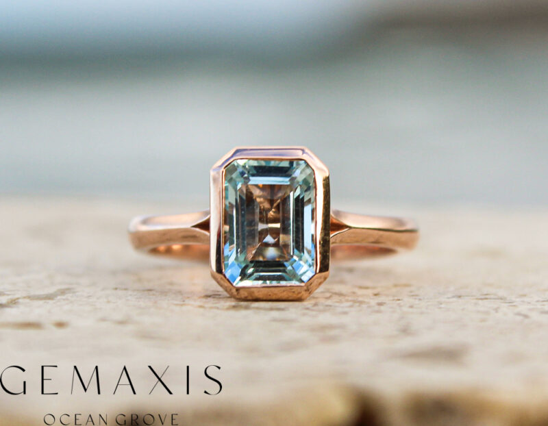 Rose Gold Solitaire Bezel Set Emerald Cut Aquamarine Cocktail Ring